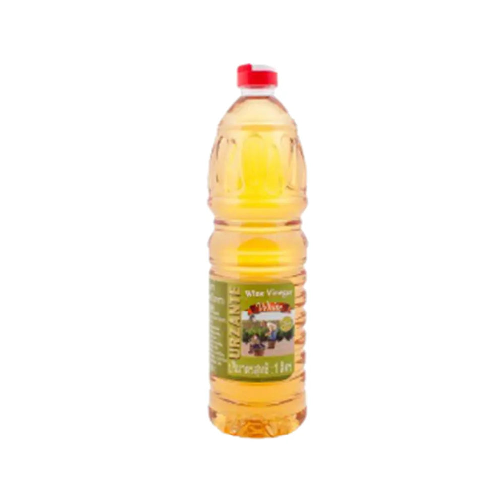 Urzante White Wine Vinegar 1L bottle with label, clear glass bottle showing the transparent vinegar inside.
