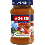 Jar of Agnesi Arrabbiata Pasta Sauce with a label featuring red chili peppers and tomato imagery, on a white background.