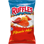 Ruffles Flamin Hot flavored chips in a bag, spicy confectionery snack with ruffled texture, bright red packaging.