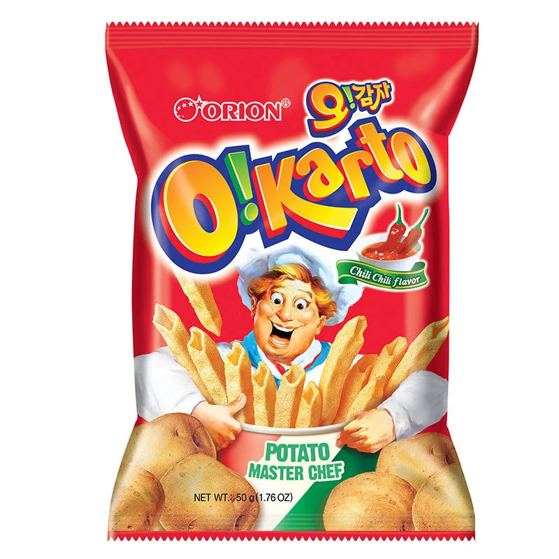 ORION Okarto Chili 50g spice packet showing bright red dried chili peppers in a clear package.