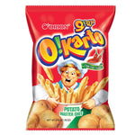 Orion Okarto Chili snack in 50g package, dry grocery spicy snack with chili flavor, displayed in a clear view.