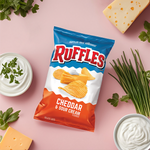 Ruffles Cheddar & Sour Cream Potato Chips in a bag, showing crispy ridged snack with cheddar and sour cream flavoring.