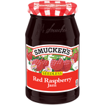 Jar of Smucker's seedless red raspberry jam with fresh berries and spreadable texture, typical of grocery product images.