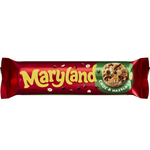 Maryland Cookies chocolate chip and hazelnut confectionery snacks with cookies and nuts in a clear bag.