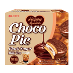 Lotte Choco Pie Black Sugar Milk Tea flavored confectionery snack with chocolate coating and creamy filling, in packaging.