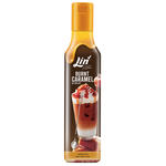 Lin Burnt Caramel Syrup bottle, grocery product from Lin, with caramel-colored syrup visible in a clear bottle.