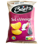 Brets Salt & Vinegar potato chips, crunchy and flavorful confectionery snack in a bag with salted vinegar seasoning.