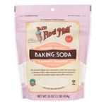 Container of Bob's Red Mill baking soda for healthy baking and cooking, featuring the brand's label and product details.