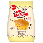 Mr.Brownie Brondies vanilla choc chip confectionery snack with visible vanilla and chocolate chips on a plate