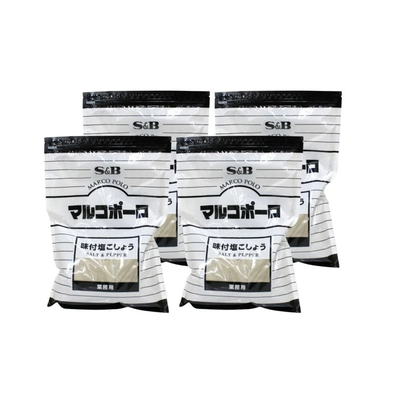 S & B Marco Polo Ajitsuke Shiokosho seasoned salt and pepper powder in four 500g bags, showing the product packaging and contents.