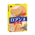 Bourbon Vanilla Roanne confectionery snacks in a pack, featuring crispy vanilla-flavored biscuits with chocolate coating.