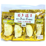 Dried crispy durian snack by Khun Maeju, showing golden, textured durian slices in a pack of Khun Maeju confectionery snacks.