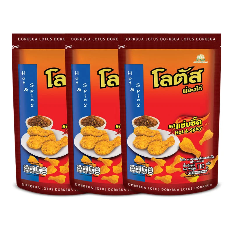 Lotus Biscuit Stick Hot & Spicy 110g package featuring crispy, spicy biscuit sticks from the Lotus dry grocery brand
