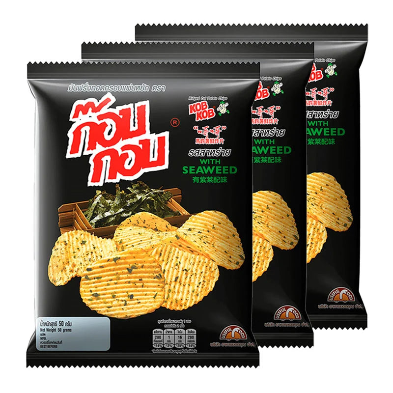 KOB KOB Seaweed Chips 46g, three packs, crispy snack with seaweed flavor, in colorful packaging.