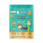 Peachy Apple and Quinoa Flaxseed Multigrain Cookies in a package, showing golden-brown cookies with visible grains and apple pieces.