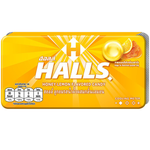 Halls Honey Lemon blister pack showing individually wrapped honey lemon flavored throat lozenges in a clear plastic container.