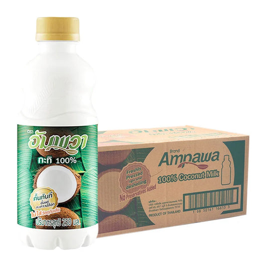 Coconut milk PET bottle from AMPAWA, 250ml, with 24-pack, showing a clear plastic bottle filled with creamy coconut milk.