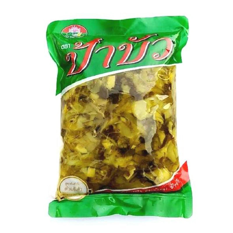 PA BUA shredded pickled mustard greens in an 800g jar, showing vibrant green shredded greens in a clear glass jar.