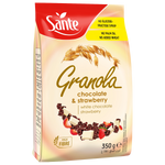 Sante Granola Chocolate & Strawberry in a bowl with visible chocolate chunks and strawberries, ready to enjoy as a healthy snack.