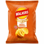 Walkers Roast Chicken Crisps in a colorful bag, showing crispy textured snack with roasted chicken flavor.