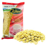 Raitip peeled split soy beans in a 1kg bag, dry grocery product, showing light beige soy beans in a clear plastic bag.