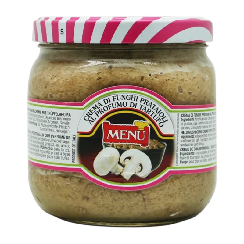 MENU Cream of Champignons with Truffle in 760g jar, creamy mushroom soup with truffle aroma and fresh mushroom chunks.