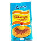 Makro UFM Waffle Mixed 1kg box of assorted dry grocery waffles with colorful packaging and branding.
