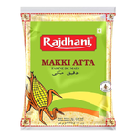 Rajdhani Makki Atta in a grocery bag, showing golden maize flour used for making traditional Indian dishes.