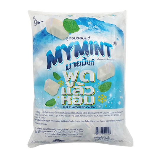 Assorted MYMINT mint-flavored candies in colorful wrappers, arranged in a display, showcasing the popular mint candy brand.