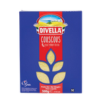 Divella Couscous Pasta in a clear grocery package, showing small, granular couscous grains ready for cooking.