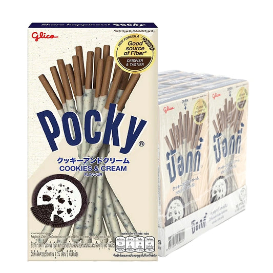 Pack of ten POCKY Cookies Cream 41g snack sticks featuring crispy biscuit fingers coated in creamy chocolate.