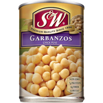 Canned S&W Garbanzo Beans in a metal can with label, ready for cooking or adding to salads and Mediterranean dishes.