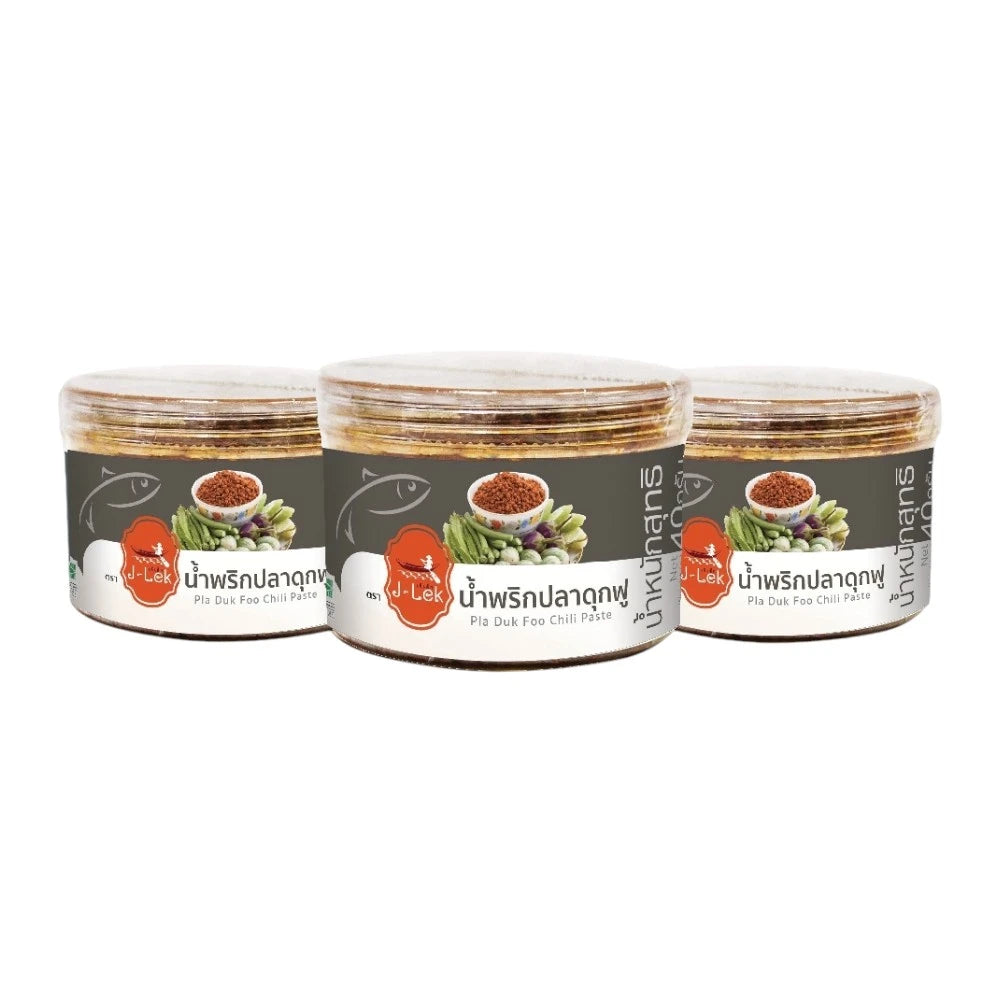 J-LEK Crispy Catfish Chili Paste in a 40g plastic jar, shown in a pack of three, with vibrant chili and catfish ingredients visible.