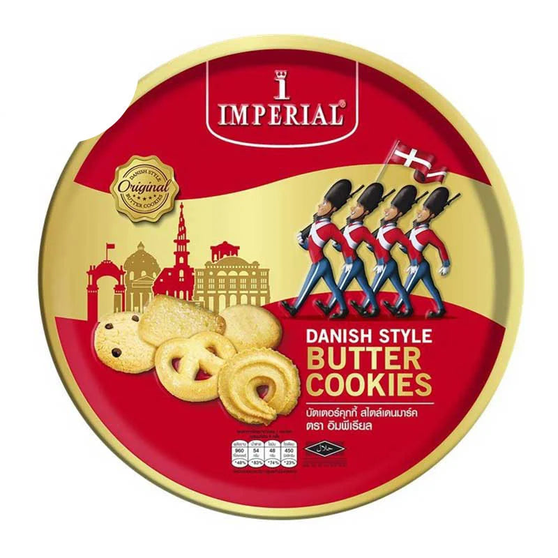 Imperial Dinish Style Butter Cookies in a 175g package with golden-brown, flaky cookies arranged in a clear box.