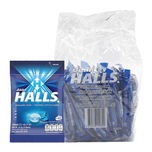 HALLS Mentho-Lyptus lozenges in a pack of 9 pieces, showing the menthol and eucalyptus flavor candies in clear packaging.