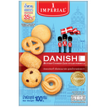 Imperial Danish Butter Cookies Less Sugar 35% in a clear package, showing golden butter cookies with a smooth texture.