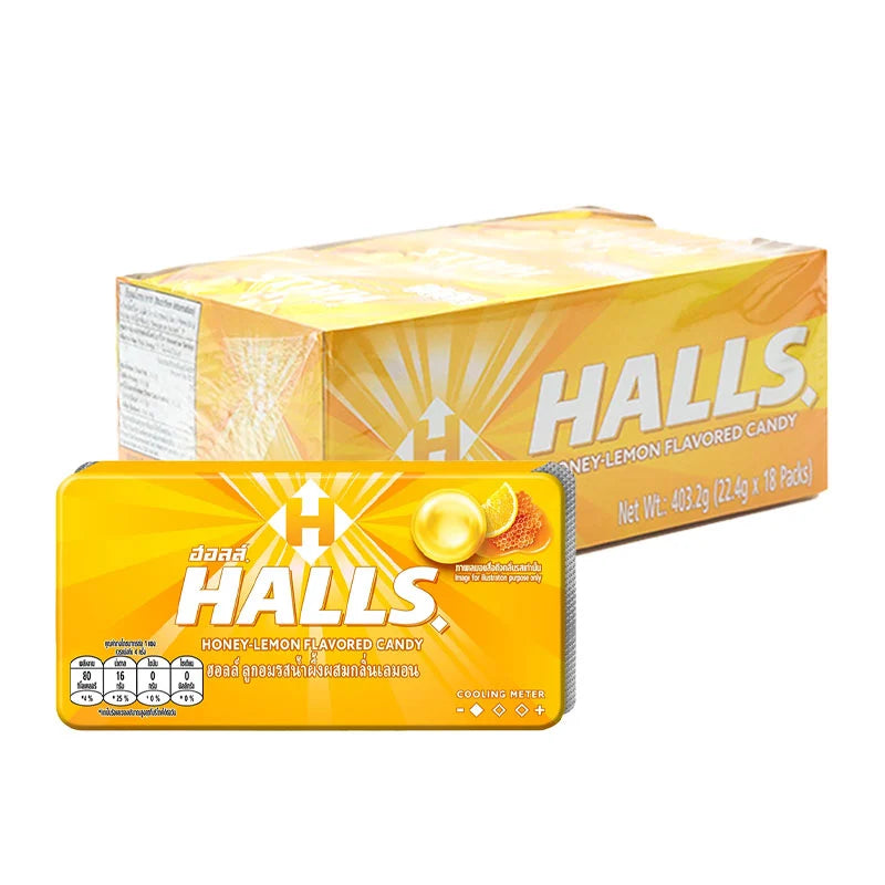 HALLS Lemon Soother 18 tablets, pack of 8, featuring lemon-flavored lozenges with soothing properties for throat relief.