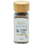 Happy Mate White Pepper Powder in a clear jar, showing fine white spice for cooking and seasoning in the grocery section.