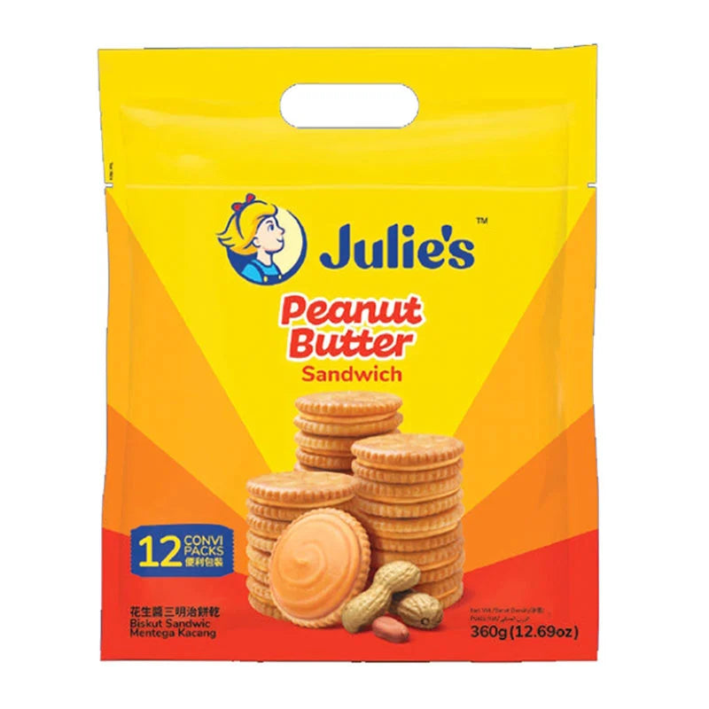 Creamy JULIE'S Peanut Butter 360g jar with smooth texture and natural peanut appearance on a white background.