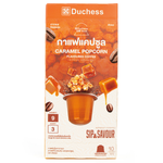 Duchess Caramel Popcorn coffee capsules for drink, showing the packaging with 10 capsules and caramel popcorn flavor.
