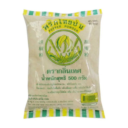 Ground black pepper in a 500g KLIN TES container, showing the label and fresh pepper grounds ready for cooking.