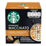 Starbucks Caramel Macchiato coffee drink in a cup with caramel drizzle and whipped cream on top.