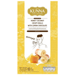 Kunna Coconut Crispy Rolls with Lemon Chocolate, a confectionery snack featuring golden crispy rolls coated with lemon-flavored chocolate.
