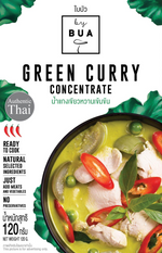 A jar of By Bua Green Curry Concentrate, a grocery product, with a label showing green curry ingredients and branding.