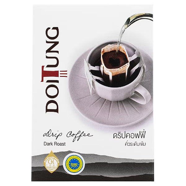 Doi Tung Drip Dark Coffee drink in a glass with a dark, rich appearance and a coffee bean beside it.