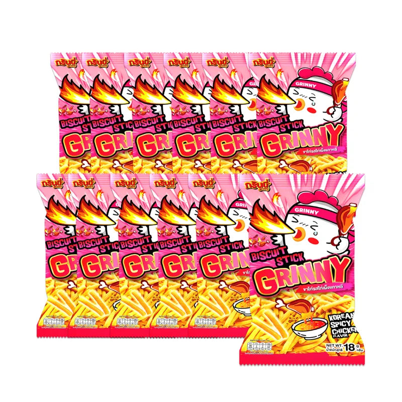Grinny Biscuit Stick Korean Spicy Chicken flavor, 18g pack, 12 pieces, crispy snack with spicy chicken taste
