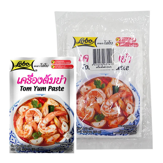 LOBO Tom Yum Paste 30g packet, Thai-style spicy and tangy flavor, traditional ingredients for cooking authentic Tom Yum soup.