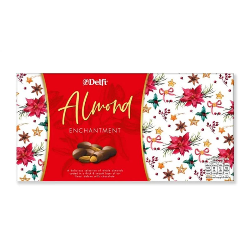 Delfi Almond Gift Box 180g featuring a neatly arranged assortment of roasted almonds in a decorative box.