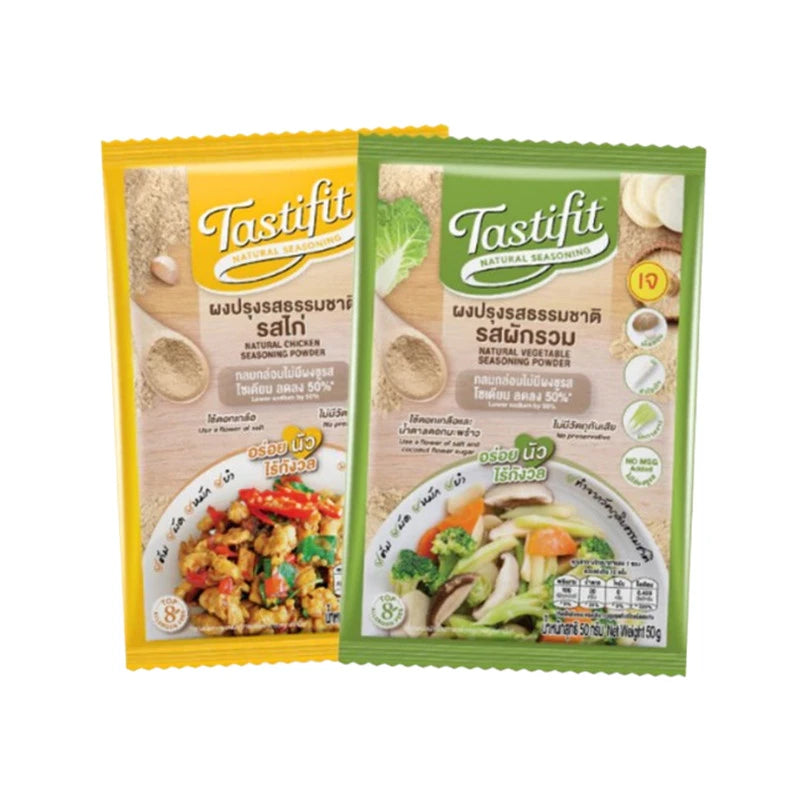 TASTIFIT Natural Seasoning Powder with chicken and vegetable flavors, 50g x 2 pack, no MSG, reduced sodium, in a clear container