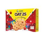 Julies Oat 25 Season Greeting confectionery snack package with colorful festive design and branding.